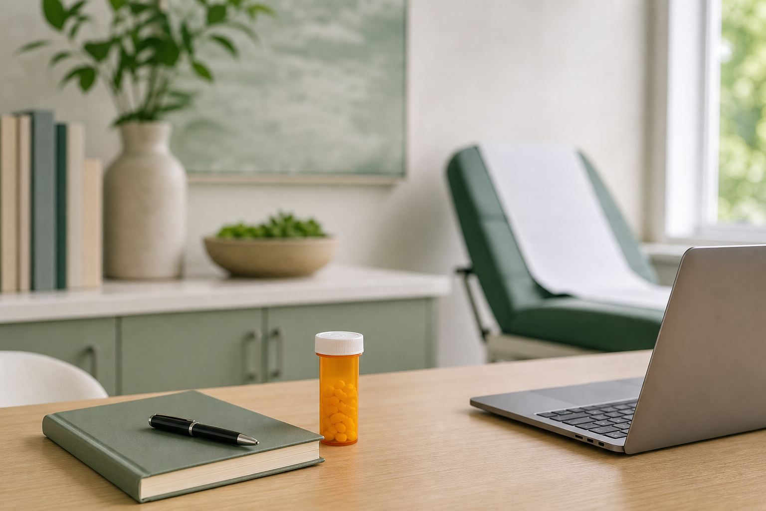 Clean medical office desk used for medication management planning