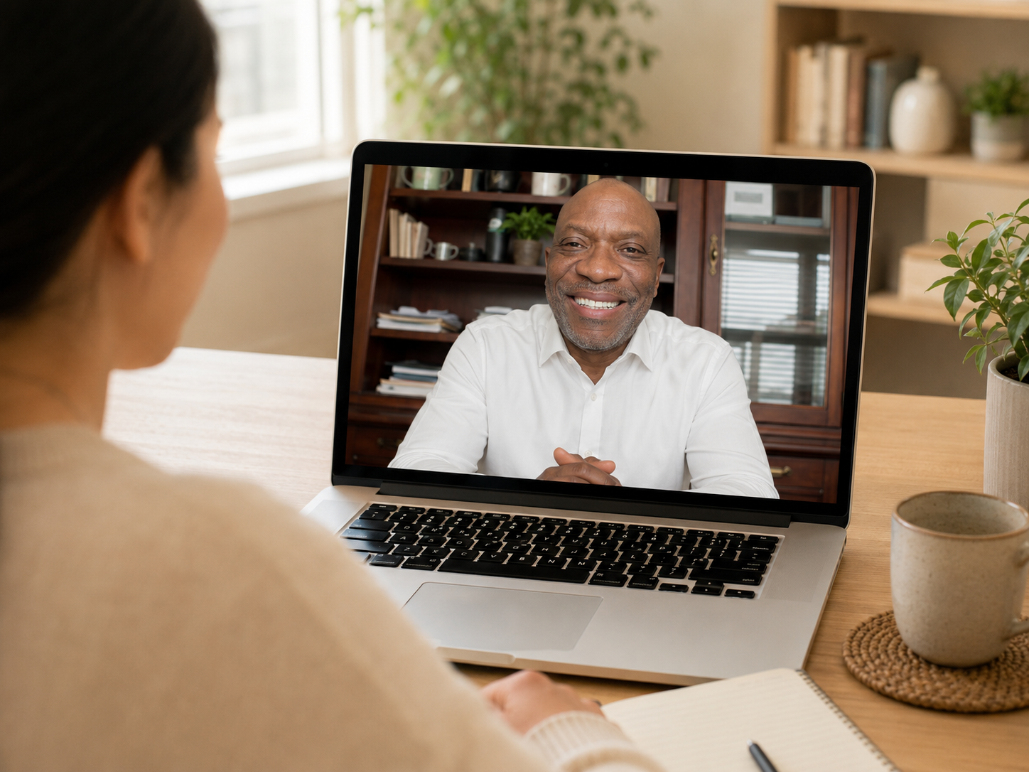 Laptop prepared for a private telehealth psychiatry visit in a warm home office