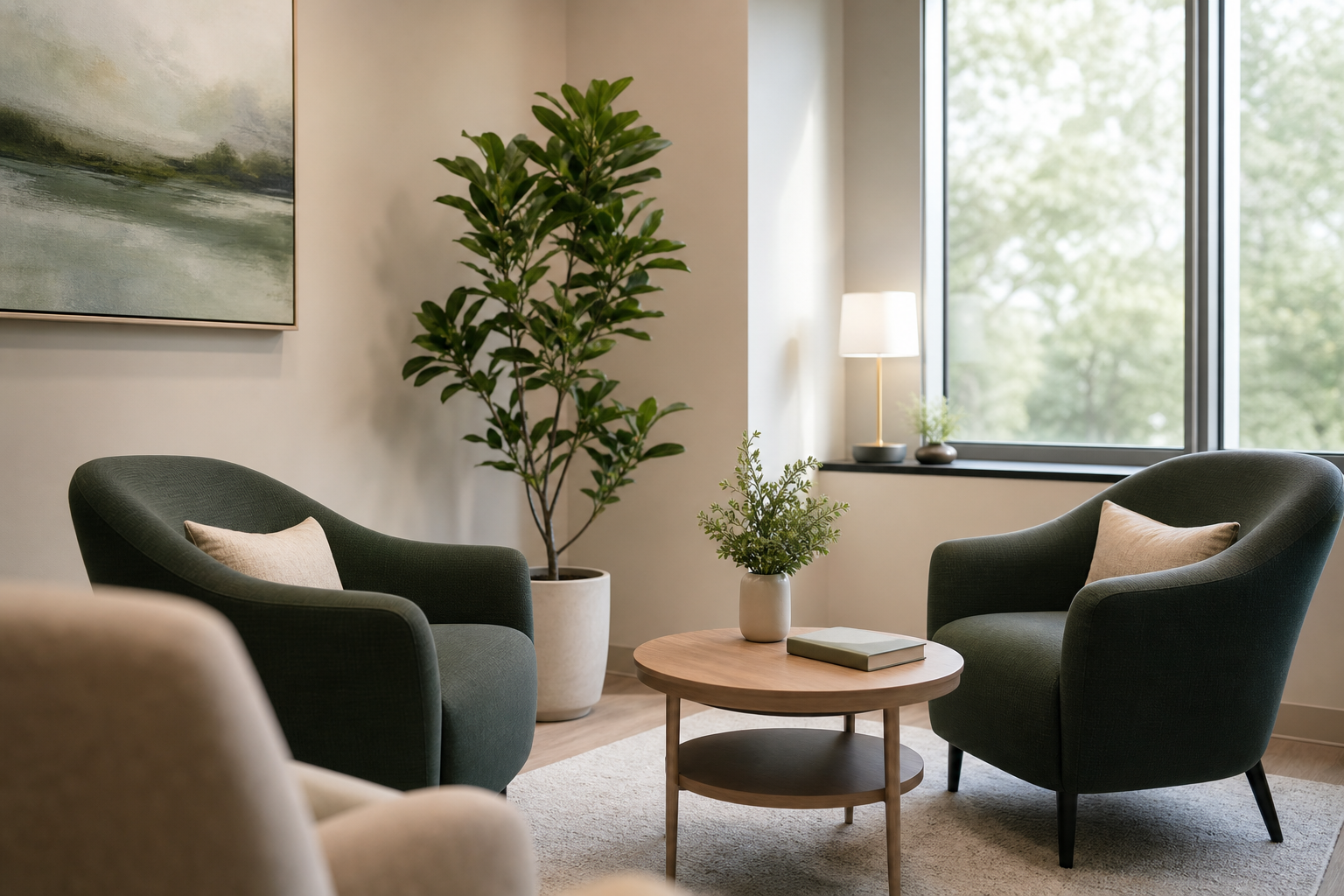 Calm modern psychiatry consultation room with warm seating and plants